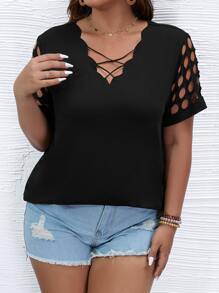 SHEIN LUNE Camiseta con tira cruzada con abertura ribete en abanico - Negro - Ver 4