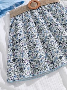 SHEIN 女孩褶邊泡泡袖T恤和小碎花腰帶半身裙