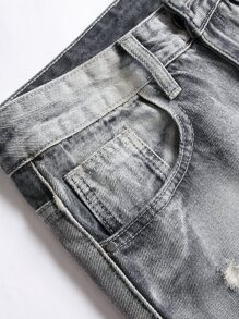 Pantalones vaqueros slim rectos para hombres con lavado desteñido, rasgados y deshilachados - Gris - Ver 4