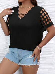 SHEIN LUNE Camiseta con tira cruzada con abertura ribete en abanico - Negro - Ver 6