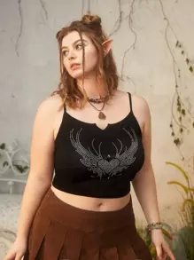 ROMWE Fairycore 大碼水鑽心和翅膀圖案吊帶上衣 - 黑色 - 查看 1