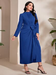 Modelyn Plus Mock Neck Knot Front Wrap Hem Dress