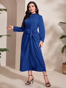Modelyn Plus Mock Neck Knot Front Wrap Hem Dress