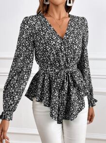 SHEIN Frenchy 碎花荷葉袖腰帶荷葉邊下擺襯衫 - 黑與白 - 查看 4