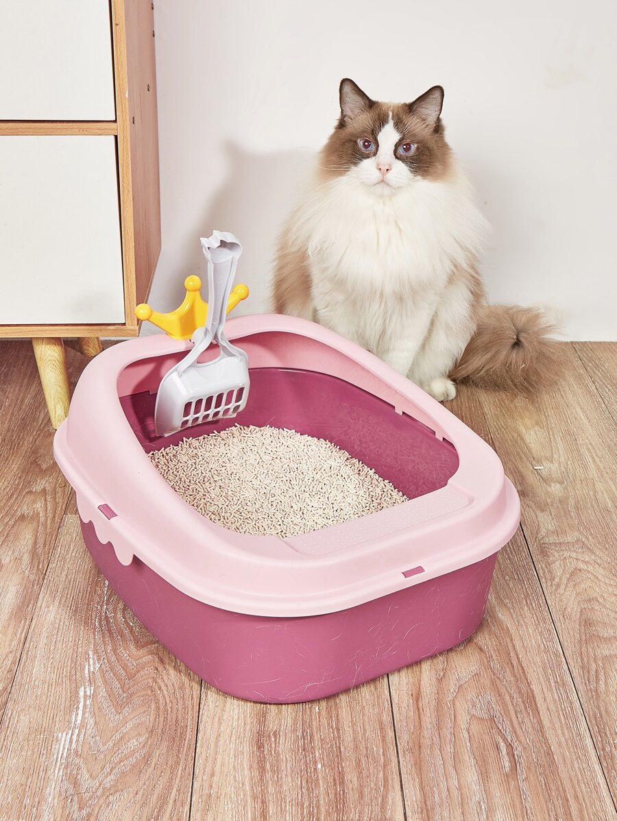 1set Two Tone Litter Box With Cat Litter Shovel For Cat For Cleaning - Pink - View 1