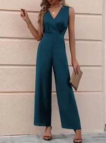 Chiquease 素色交疊領闊腿連體褲 - 水鴨藍 - 查看 5