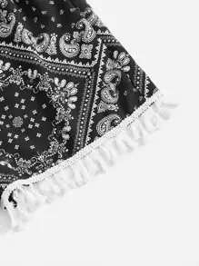 佩斯利絲巾圖案流蘇邊短褲 - 黑與白 - 查看 4