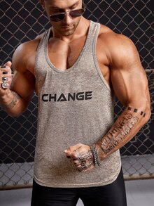 Manfinity VCAY Hombres Top tank con estampado de letra de espalda nadadora - Caqui - Ver 6