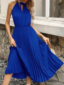 Breezaya Keyhole Neckline Pleated Hem Dress - Royal Blue - View 4