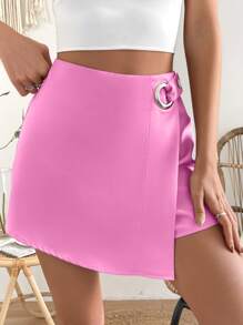 Chiquease Quần đùi nữ Bất đối xứng Dây kéo màu trơn Giải trí - Hồng - Xem 6