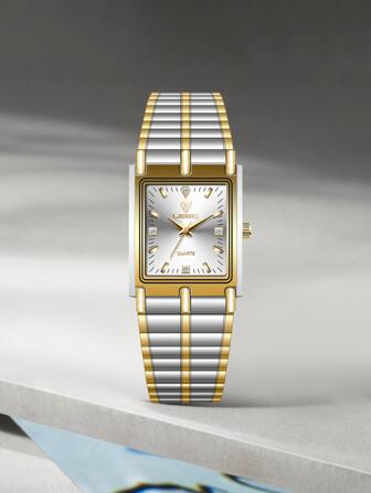 LIEBIG Men Rhinestone Decor Rectangle Pointer Quartz Watch