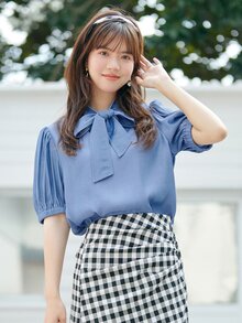 DAZY 素色繫帶領泡泡袖襯衫 - 藍色 - 查看 7