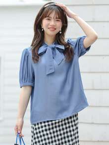 DAZY 素色繫帶領泡泡袖襯衫 - 藍色 - 查看 9