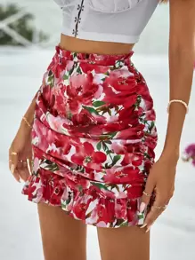 SHEIN VCAY Falda con estampado floral fruncido bajo con fruncido - Multicolor - Ver 5