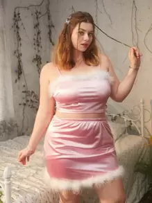 ROMWE Plus Fuzzy Trim Cami Top & Skirt - Pink - View 1