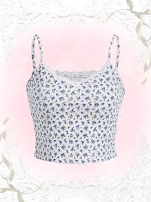 ROMWE Kawaii Áo khoác và áo lót dành cho xe tăng nữ Tương phản ren Gân đan Họa tiết hoa Boho - Xanh và trắng - Xem 1