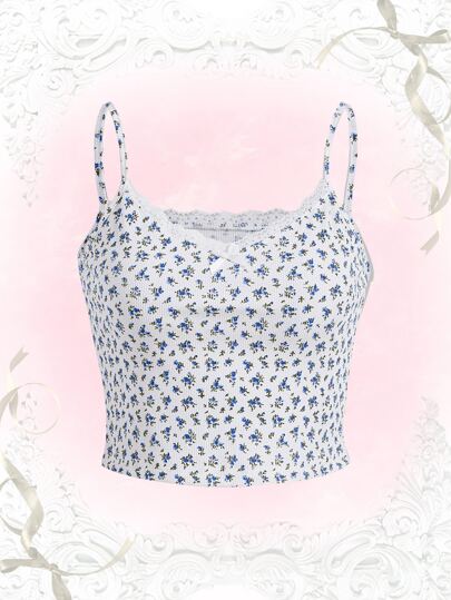 Kawaii Top de tirantes con estampado floral ribete con encaje