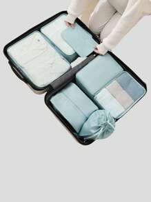 QYeah 7入組/套標語圖案收納袋現代滌綸旅行收纳包適合旅行 - 藍色 - 查看 3