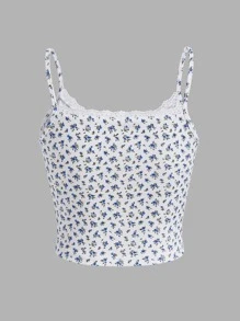 ROMWE Kawaii Áo khoác và áo lót dành cho xe tăng nữ Tương phản ren Gân đan Họa tiết hoa Boho - Xanh và trắng - Xem 2