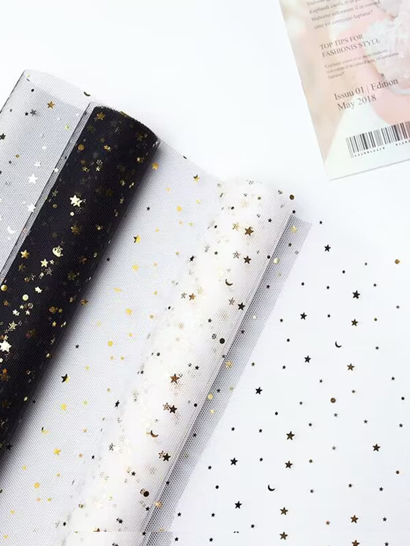 1卷滌綸禮品包裝供應,現代星月圖案禮品包裝供應適用於畢業禮物製作 - 白色 - 查看 1