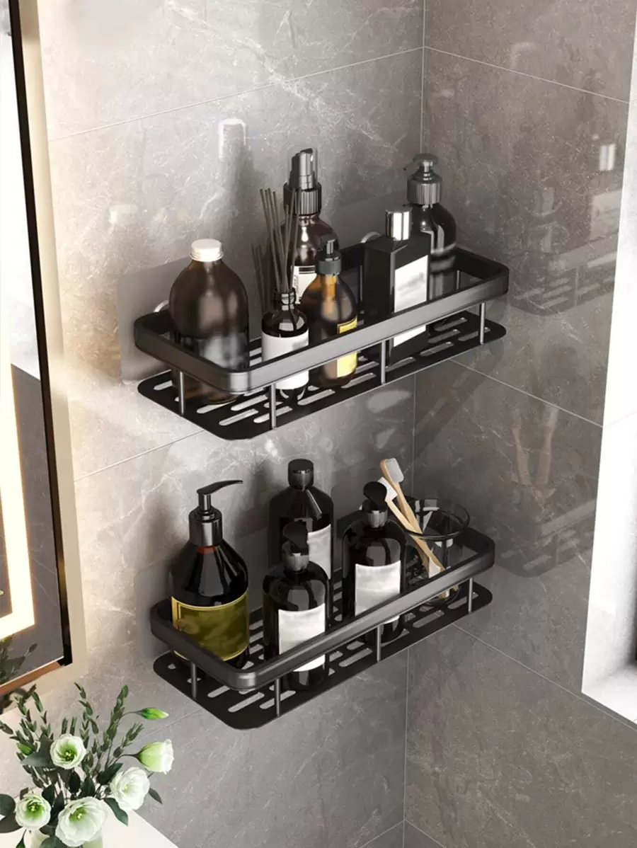 1pc Aluminum Alloy Bathroom Storage Rack, Modern Punch-Free Organizer For Bathroom Bathroom - Black - View 1