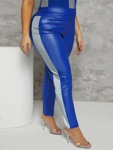 Plus High Waisted Reflective Trim PU Leggings - Royal Blue - View 3