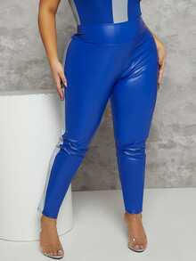 Plus High Waisted Reflective Trim PU Leggings - Royal Blue - View 4