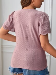 SHEIN Clasi Plus Eyelet Embroidery Scallop Trim Tee - Dusty Pink - View 4