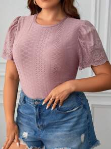 SHEIN Clasi Plus Eyelet Embroidery Scallop Trim Tee - Dusty Pink - View 5