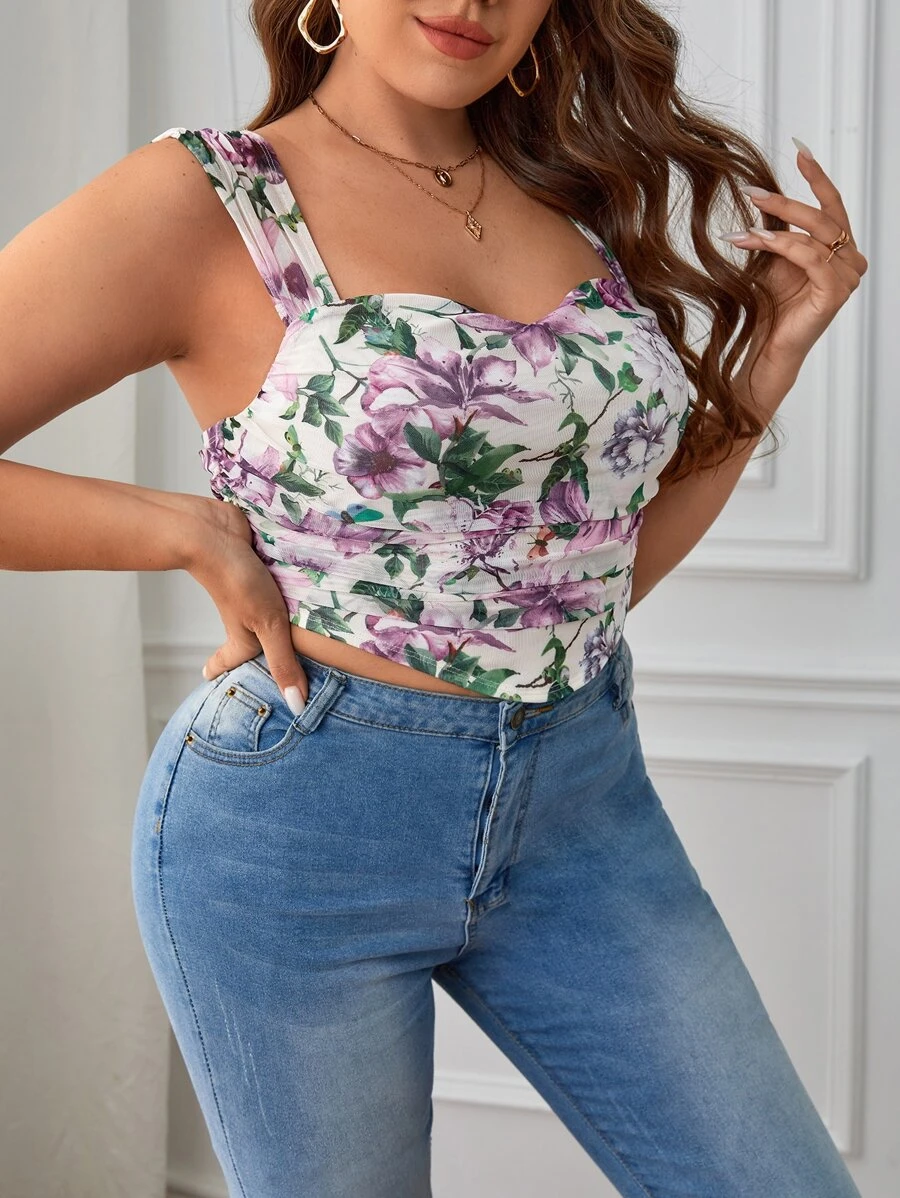 SHEIN Privé Top con estampado floral fruncido bajo pañuelo ancho tirantes - Multicolor - Ver 1