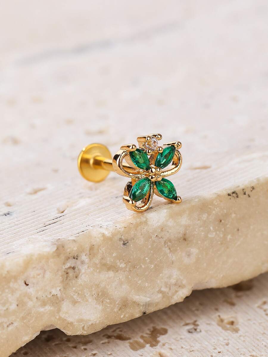 1入組方晶鋯石花朵裝飾耳釘 - 金黃色 - 查看 1