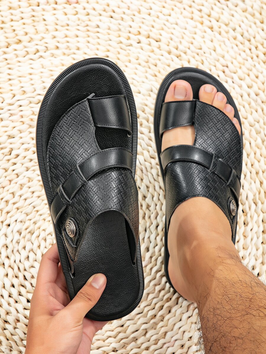 Fashionable Arabic Sandals For Men, Geometric Pattern Button Decor Toe Post Outdoor Sandals - Black - View 1