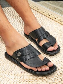 Fashionable Arabic Sandals For Men, Geometric Pattern Button Decor Toe Post Outdoor Sandals - Black - View 3