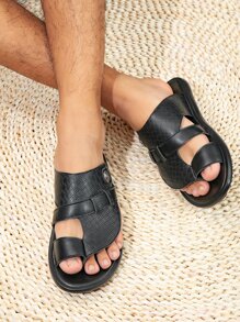 Fashionable Arabic Sandals For Men, Geometric Pattern Button Decor Toe Post Outdoor Sandals - Black - View 4
