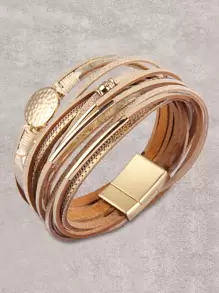 1pc Fashionable Personalized Round Metal Charm Multi-Layer Snake Skin Leather Wrap Bracelet, Gift For Girlfriend/Mom - Can Be Worn In Any Position On The Wrist