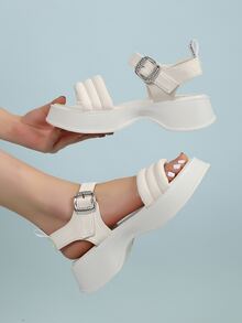 時尚坡跟涼鞋適用於女士針腳細節踝帶防水台涼鞋 - 米色 - 查看 5