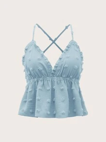 Soleia Swiss Dot Frill Trim Crisscross Backless Peplum Cami Top - Baby Blue - View 1