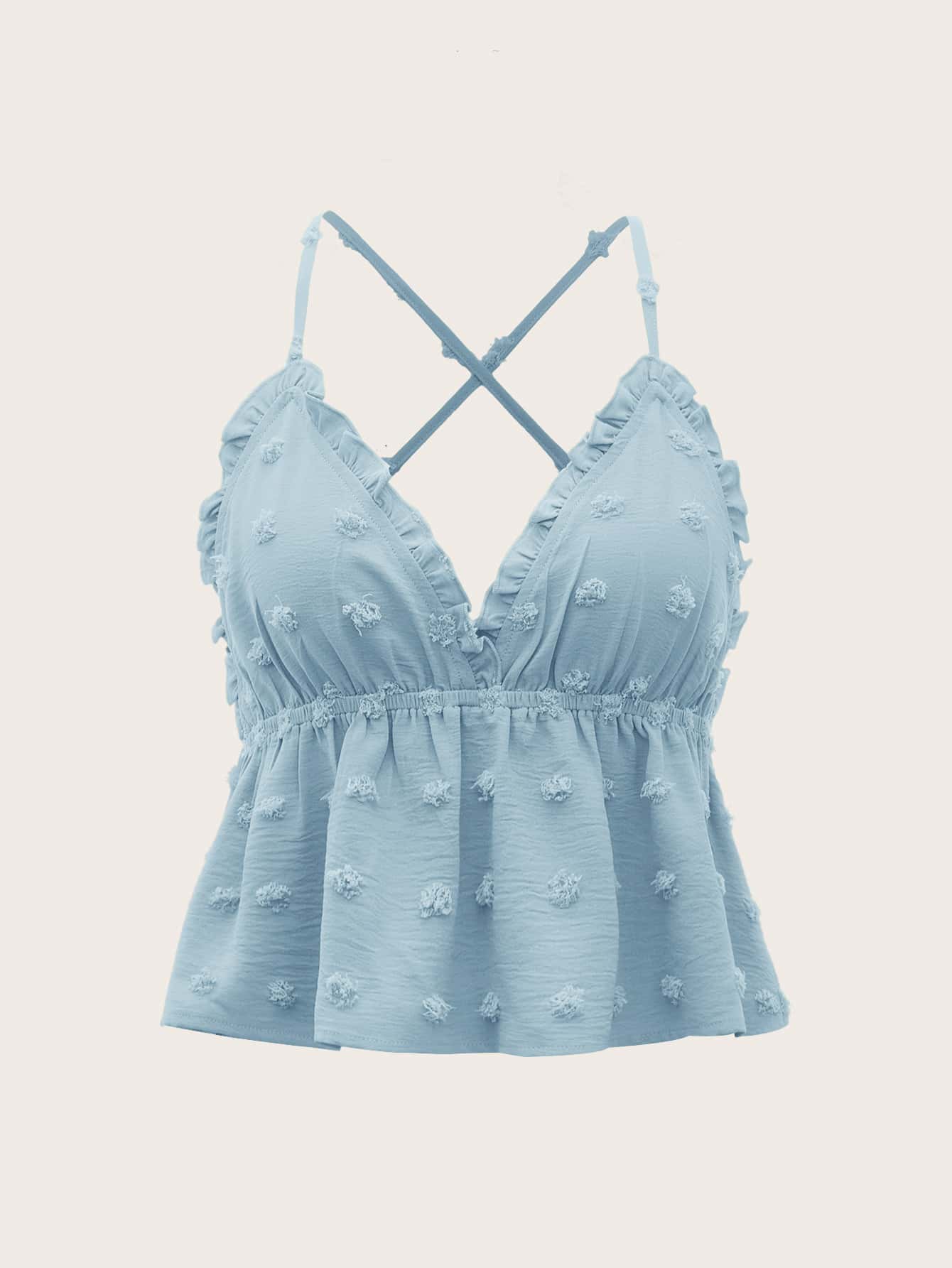 Soleia Swiss Dot Frill Trim Crisscross Backless Peplum Cami Top - Baby Blue - View 1