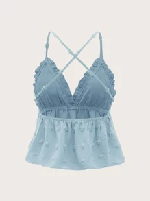 Soleia Swiss Dot Frill Trim Crisscross Backless Peplum Cami Top - Baby Blue - View 2