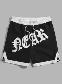 ROMWE MEN Prep Quần short nam họa tiết chữ cái dây rút eo tương phản, đi học - màu đen - Xem 1