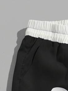 ROMWE MEN Prep Quần short nam họa tiết chữ cái dây rút eo tương phản, đi học - màu đen - Xem 3