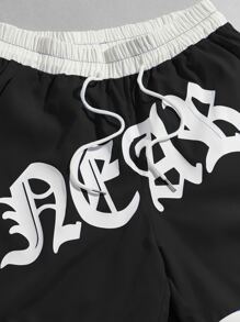 ROMWE MEN Prep Quần short nam họa tiết chữ cái dây rút eo tương phản, đi học - màu đen - Xem 4