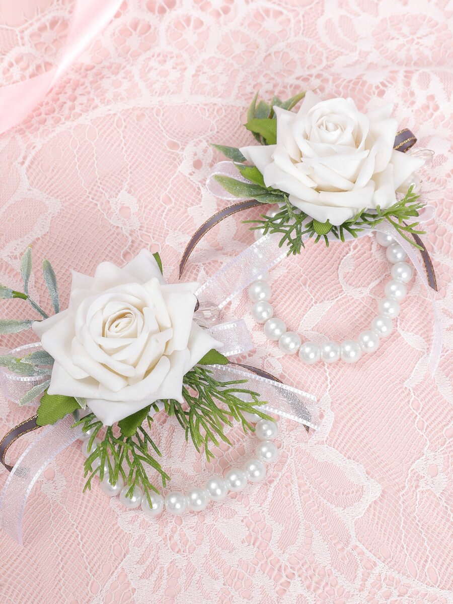 1入組婚禮派對花卉裝飾手環婚禮派對人造花裝飾手環 - 白色 - 查看 1