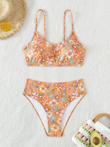 Floral Print High Waisted Summer Beach Bikini Set - Multicolor - View 3