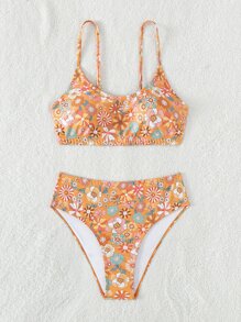 Floral Print High Waisted Summer Beach Bikini Set - Multicolor - View 5