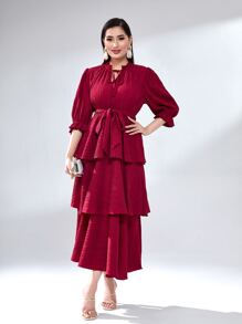 Modelyn Đầm Thắt lưng viền lá sen Xù phân lớp Thắt nơ trước màu trơn Thanh lịch - Màu Hoa hồng đỏ - Xem 4