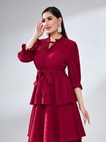 Modelyn Đầm Thắt lưng viền lá sen Xù phân lớp Thắt nơ trước màu trơn Thanh lịch - Màu Hoa hồng đỏ - Xem 5
