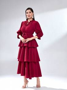 Modelyn Đầm Thắt lưng viền lá sen Xù phân lớp Thắt nơ trước màu trơn Thanh lịch - Màu Hoa hồng đỏ - Xem 1