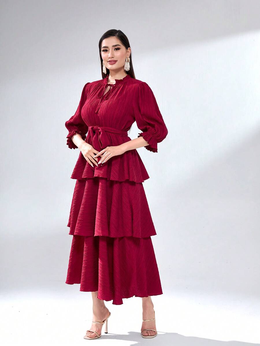 Modelyn Đầm Thắt lưng viền lá sen Xù phân lớp Thắt nơ trước màu trơn Thanh lịch - Màu Hoa hồng đỏ - Xem 1