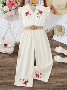 SHEIN Áo liền quần Gái Thêu Xù Hoa Dễ thương - Màu be - Xem 1